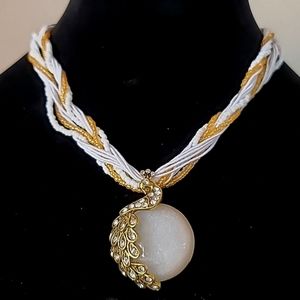 NEW! White & Gold Peacock Torsade Enhancer Necklace.